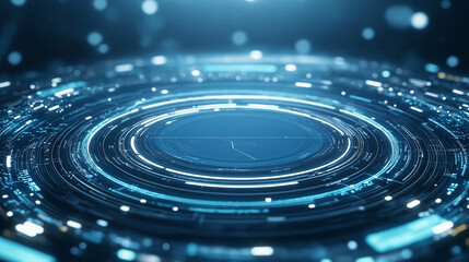 Poster - A simple, high-end futuristic sci-fi style design is present. In the middle stands a circular display stage adorned with technological elements and white light effects, surrounded by geometric shapes