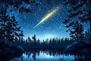 Sticker - A Starry Night Over a Tranquil Forest Lake with a Shooting Star