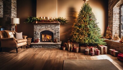 Wall Mural - Rustic Christmas Charm in Earthy Tones
Experience the warmth of a rustic Christmas with a tree decorated in earthy tones of brown, gold, and deep green.