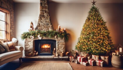 Wall Mural - Rustic Christmas Charm in Earthy Tones
Experience the warmth of a rustic Christmas with a tree decorated in earthy tones of brown, gold, and deep green.