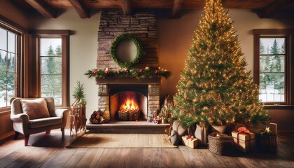 Wall Mural - Rustic Christmas Charm in Earthy Tones
Experience the warmth of a rustic Christmas with a tree decorated in earthy tones of brown, gold, and deep green.