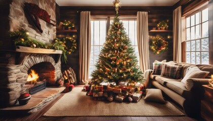 Wall Mural - Rustic Christmas Charm in Earthy Tones
Experience the warmth of a rustic Christmas with a tree decorated in earthy tones of brown, gold, and deep green.