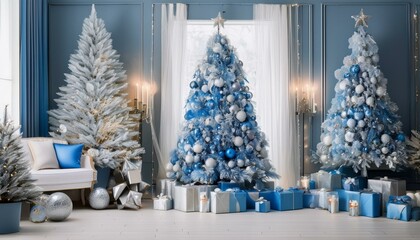 Wall Mural - Elegant Blue and Silver Christmas Evening
Step into a sophisticated Christmas scene where cool blue and silver tones create a serene holiday ambiance.