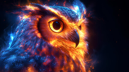 Poster - owl, the head of an owl in a multi-colored flame. Abstract multicolored profile portrait of an owl head on a black background