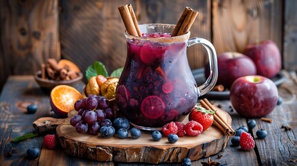 Wall Mural - Traditional Peruvian chicha morada in pitcher, with cinnamon sticks and fresh fruits, placed on a rustic wooden table. 