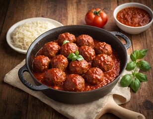 Traditional spicy meatballs in tomato sauce on wooden background. Selective focus. Ai generated images