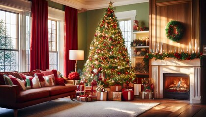 Wall Mural - Classic Red and Green Christmas Magic
Imagine a cozy living room adorned with classic red and green decorations.