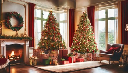 Wall Mural - Classic Red and Green Christmas Magic
Imagine a cozy living room adorned with classic red and green decorations.