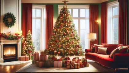 Wall Mural - Classic Red and Green Christmas Magic
Imagine a cozy living room adorned with classic red and green decorations.