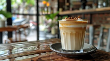 Wall Mural - Traditional Vietnamese egg coffee in glass, with creamy layers, set in a cozy Vietnamese café. 