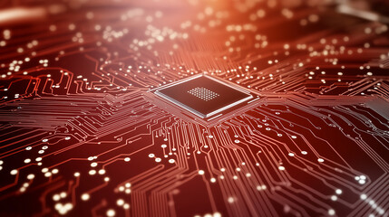 Poster - Abstract neon red tech circuit board lines sci-fi banner design. Futuristic computer chip background. Vector glowing illustration