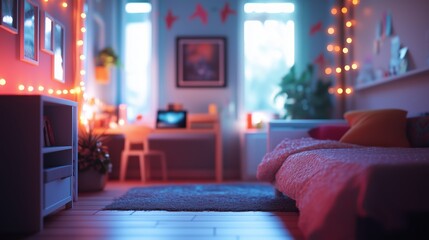 Poster - A cozy bedroom with ambient lighting and colorful decor in the early evening