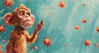 © Viktoriia - Illustration of a young monkey looking worried amidst floating virus particles, set against a teal background, conveying a sense of vulnerability during a pandemic.