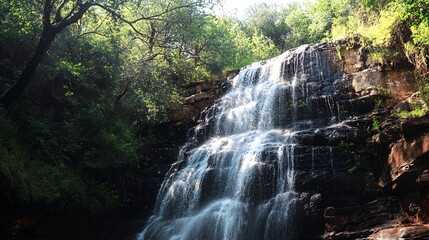 Cascading waterfall flowing over moss covered rocks with lush greenery around.