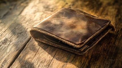 A closeup of an empty wallet with frayed edges, resting on a wooden table under dim, flickering light