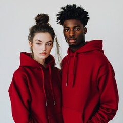 A young man and woman wearing matching red hoodies stand side by side against a white background.