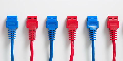 Red and blue internet network cables arranged in parallel lines on a white background.