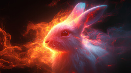 Wall Mural - rabbit, the head of a rabbit in a multi-colored flame. Abstract multicolored profile portrait of a rabbit head on a black background