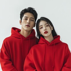 a young man and woman wearing matching red hoodies, standing close together against a white backgrou