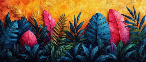 A vibrant and colorful abstract illustration of tropical leaves, with bold geometric shapes and patterns in orange, green, blue, pink, red, and yellow colors. 