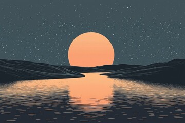 Canvas Print - A River Winding Through a Nighttime Landscape Under a Large Orange Moon