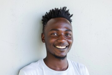 Cropped face of confident african american young man smiling over white wall  copy space