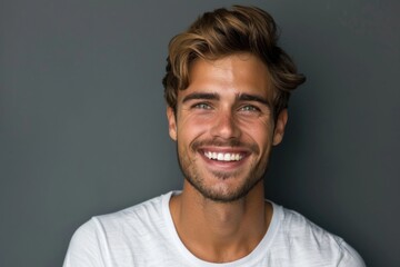 portrait of young smiling handsome man isolated on gray background