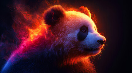 Canvas Print - panda, the head of a panda in a multi-colored flame. Abstract multicolored profile portrait of a panda head on a black background