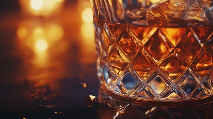 A crystal whiskey glass glistens with amber liquid and ice on a rich wooden surface, exuding warmth.