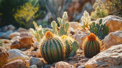 A variety of cacti growing in a rocky desert garden, showcasing different shapes, sizes, and colors under the bright sun, capturing the diversity of desert flora