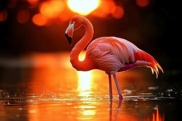 Canvas Print - A Single Flamingo Standing in Water at Sunset