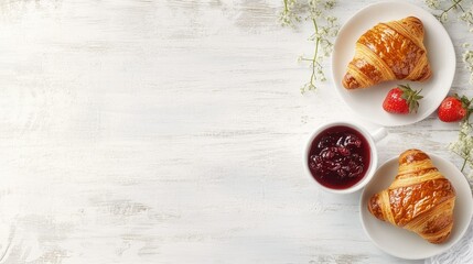 An elegant French breakfast scene with two croissants, a cup of steaming coffee, and a dish of strawberry jam on a white wooden background with space for text