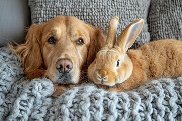 Poster - Close-up of a golden retriever and a rabbit cuddling on a soft blanket