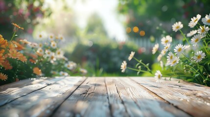 Empty wooden tabletop against a blurred garden background with daisies and lush vegetation, bathed in warm sunlight