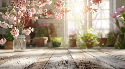 Wall Mural - Empty wooden tabletop with spring flowers and sun shining through window in the background, perfect for product placement