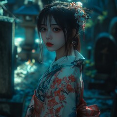 Wall Mural - A young woman in a traditional Japanese kimono, with a serene expression, stands in a dimly lit, atmospheric setting.