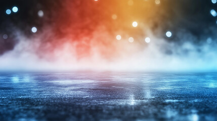 Poster - Dark empty space, blue and red neon spotlight, wet asphalt, smoke, night view industrial, rays. Abstract dark texture of an empty background with copy space mock up design