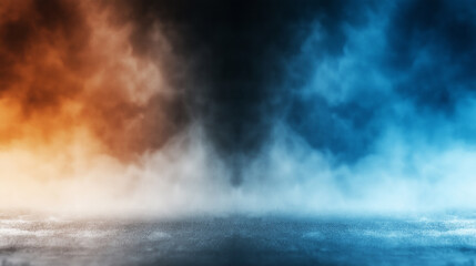 Poster - Dark empty space, blue and red neon spotlight, wet asphalt, smoke, night view industrial, rays. Abstract dark texture of an empty background with copy space mock up design
