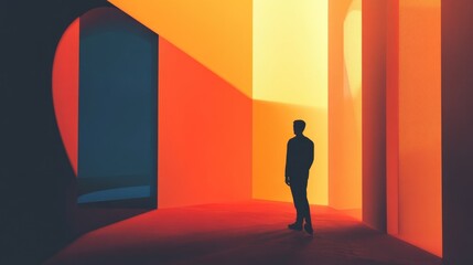 Wall Mural - Silhouette of a Man in a Brightly Lit Room with Walls of Warm Colors