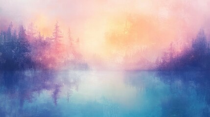 Sticker - A Misty Forest Reflecting in a Still Lake at Sunset