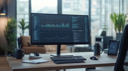 Fototapete - An expert concentrates on a large monitor while reviewing complex data, surrounded by an organized desk and coffee cup. Generative AI