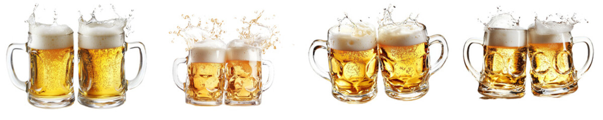 Poster - The picture shows a cold beer splashing out of glasses against a white background.