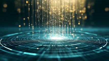 Poster - Digital glowing HUD circles with beam of energy into cyberspace. Futuristic sci-fi elements with cyber circuit board. Modern technology design. Vector illustration
