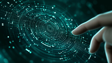 Poster - Digital glowing HUD circles with sparkling energy flash into cyberspace. Futuristic sci-fi elements with cyber circuit board. Abstract technology communication design