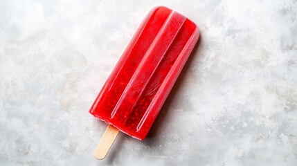 A vibrant red popsicle bursts with strawberry flavor, evoking summer nostalgia and joy.