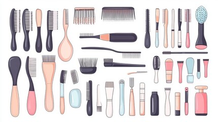 A large set of hairdressing tools and products, including a variety of items for a beauty salon or hairdresser. The collection features professional hair cosmetics