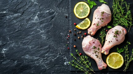 Wall Mural - Raw chicken drumsticks with a seasoning of herbs and lemon slices, artistically arranged on a dark stone surface, perfect for a cooking preparation concept