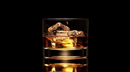 Single glass of whiskey with ice cubes, with light reflecting off the glass, and a dark, black background, selective focus on the drink