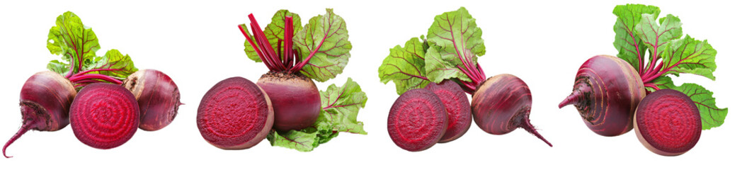 Poster - Red beetroot isolated on white background with leaves and a half of it