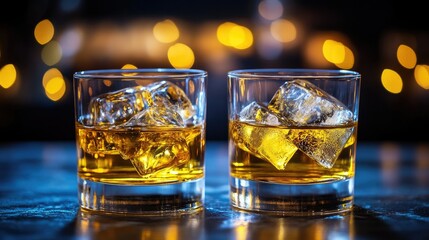 Wall Mural - Two glasses of whisky with large ice cubes, set against a dark background, with selective focus on the glistening ice and golden hue of the drink